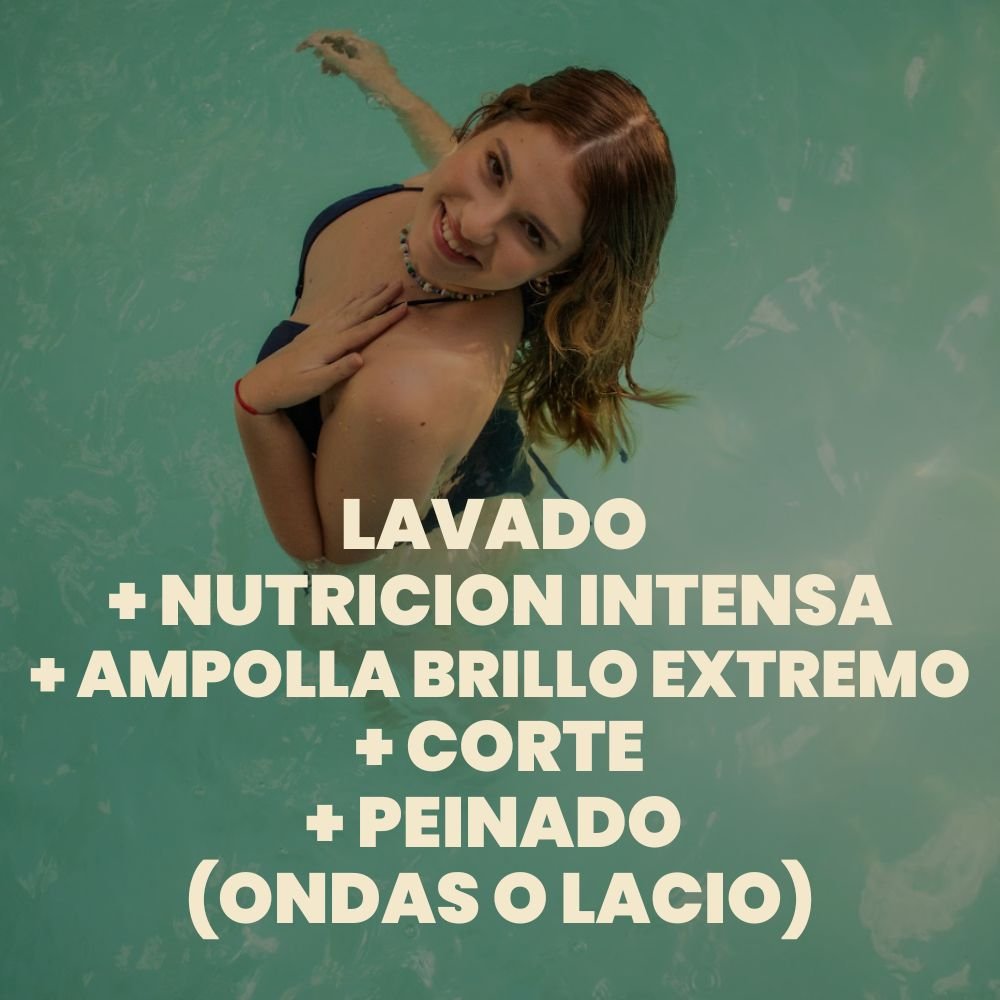 LAVADO + NUTRICIÓN INTENSA + AMPOLLA BRILLO EXTREMO + CORTE + PEINADO (ONDAS O LACIO)
